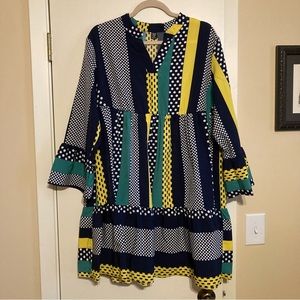 Plus patchwork print flounce sleeve ruffle hem dress